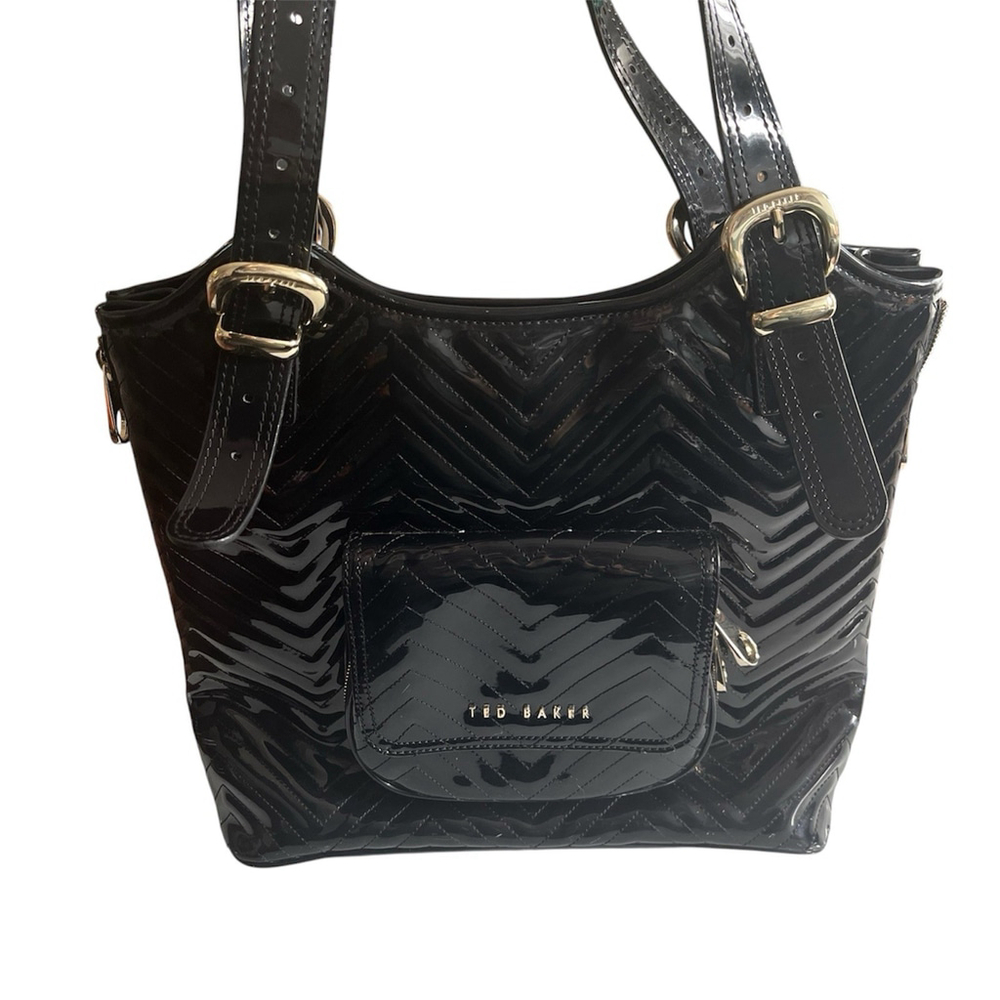 Ted Baker Black Chevron Quilted PVC/Faux Patent Leather Large Tote Bag Purse